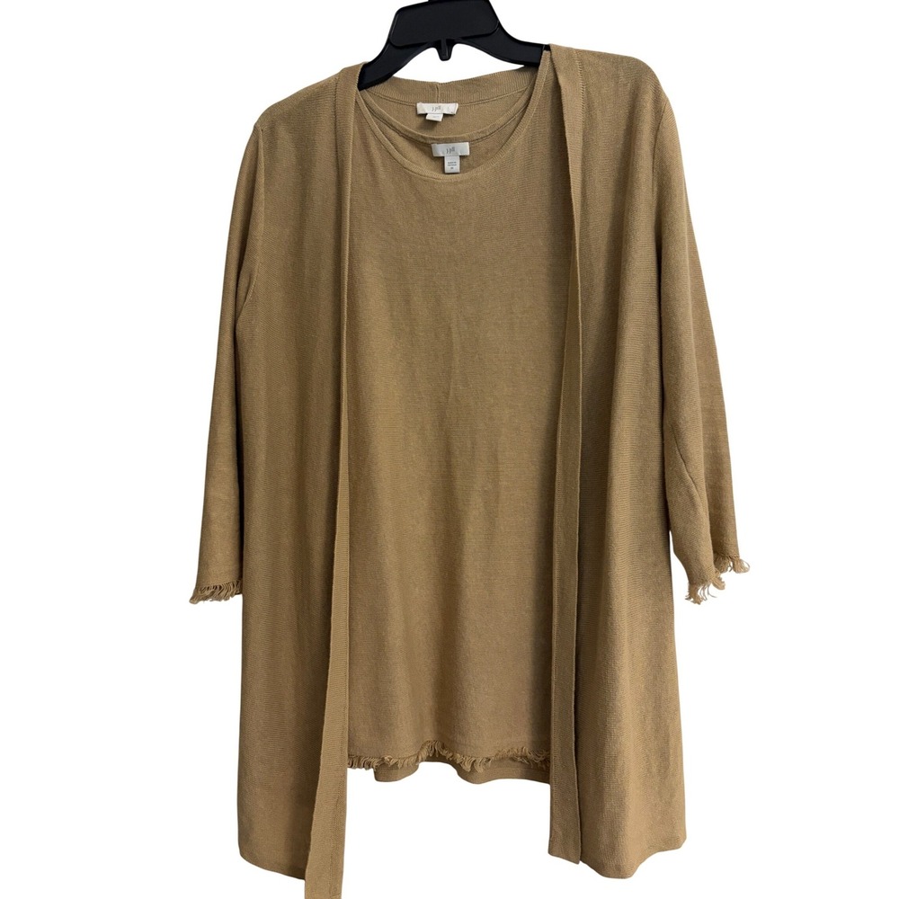 J. Jill XS‎ Camel Tan Fringe Trim Cardigan and Shell Two Piece Sweater Set